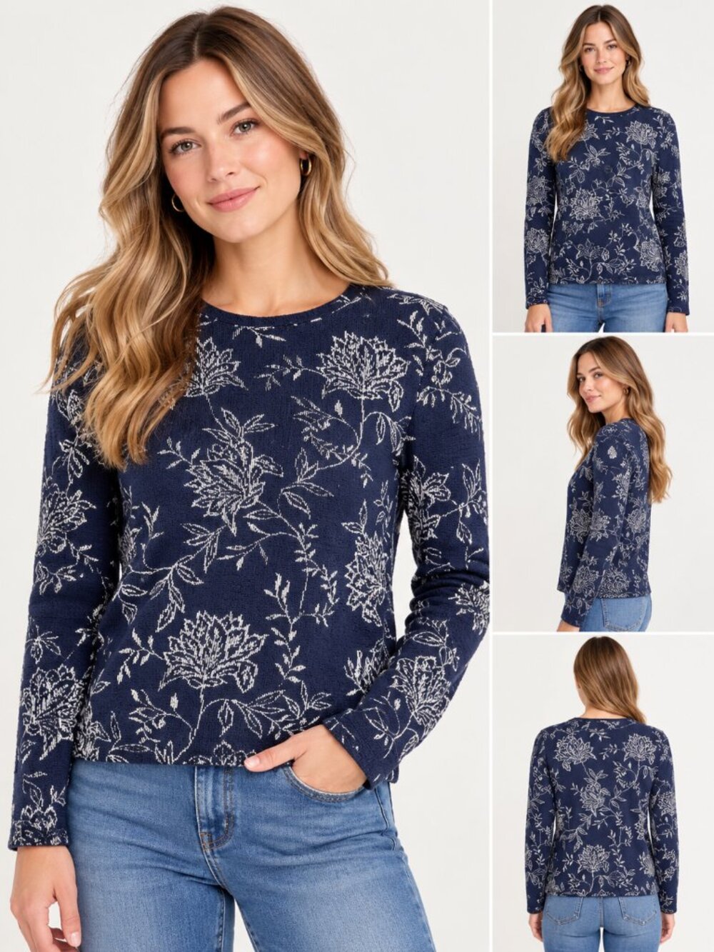 LOFT Navy Floral Textured Jacquard Sweater Long Sleeve Size S
